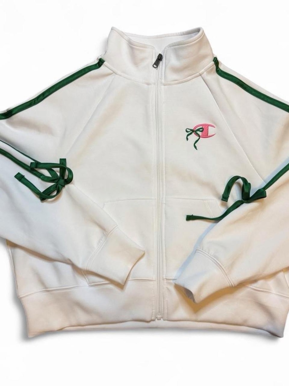 Champion White Full-Zip Jacket with Green Trim and Pink Logo